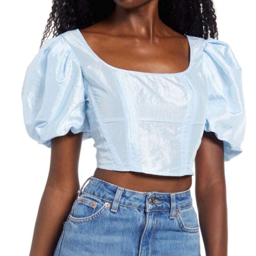 Topshop Taffeta Puff Sleeve Crop Top – Icy Blue, Structured – Size 6, NWT
